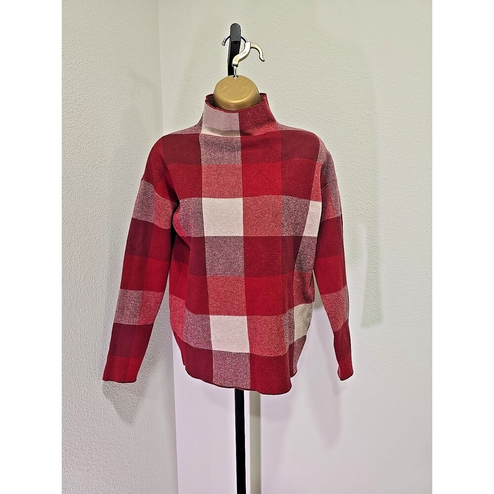 Mock Neck Sweater Red Plaid Pullover Womens Small Cabincore Cozy Academia Preppy - Picture 1 of 7